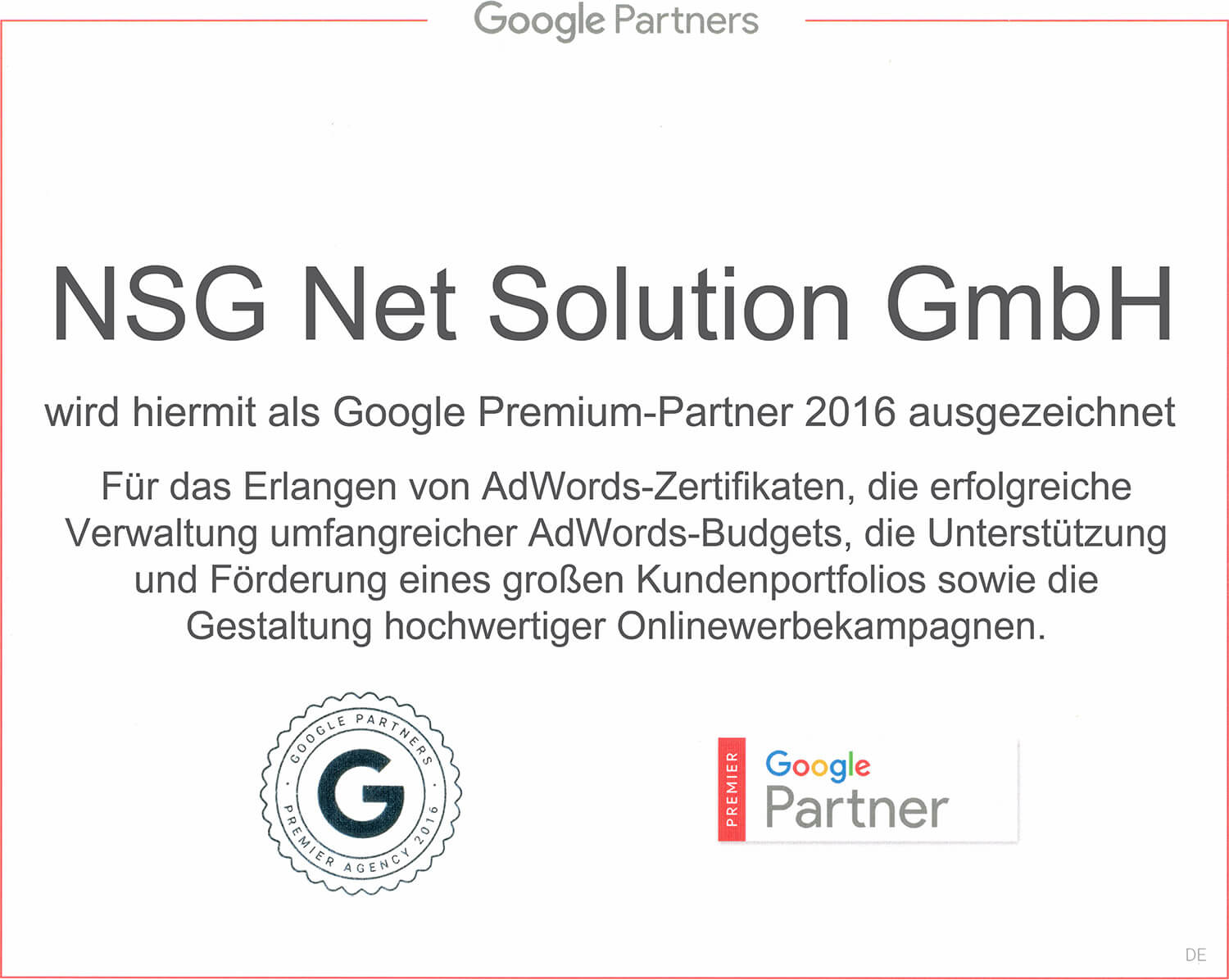 Google Ads Premium Partner Auszeichung